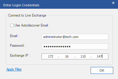 The Enter Login Credentials dialog box appears, offering two methods to connect to the Live Exchange Server: Use Autodiscover Email and manually enter the server details.
